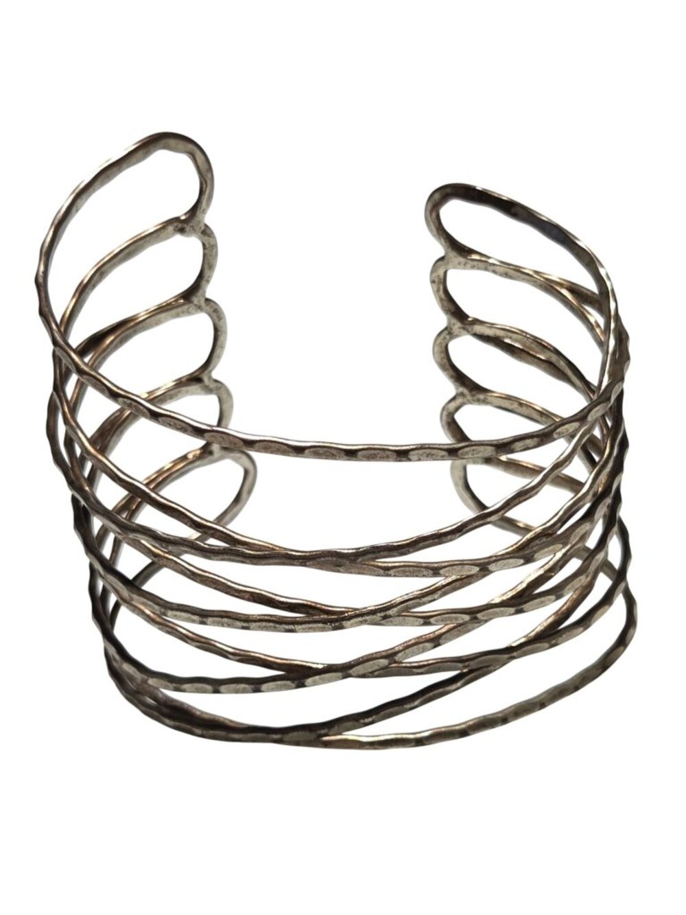 Modern Openwork Silver Tone Cuff Bracelet Lightweight Hammered Wire Design